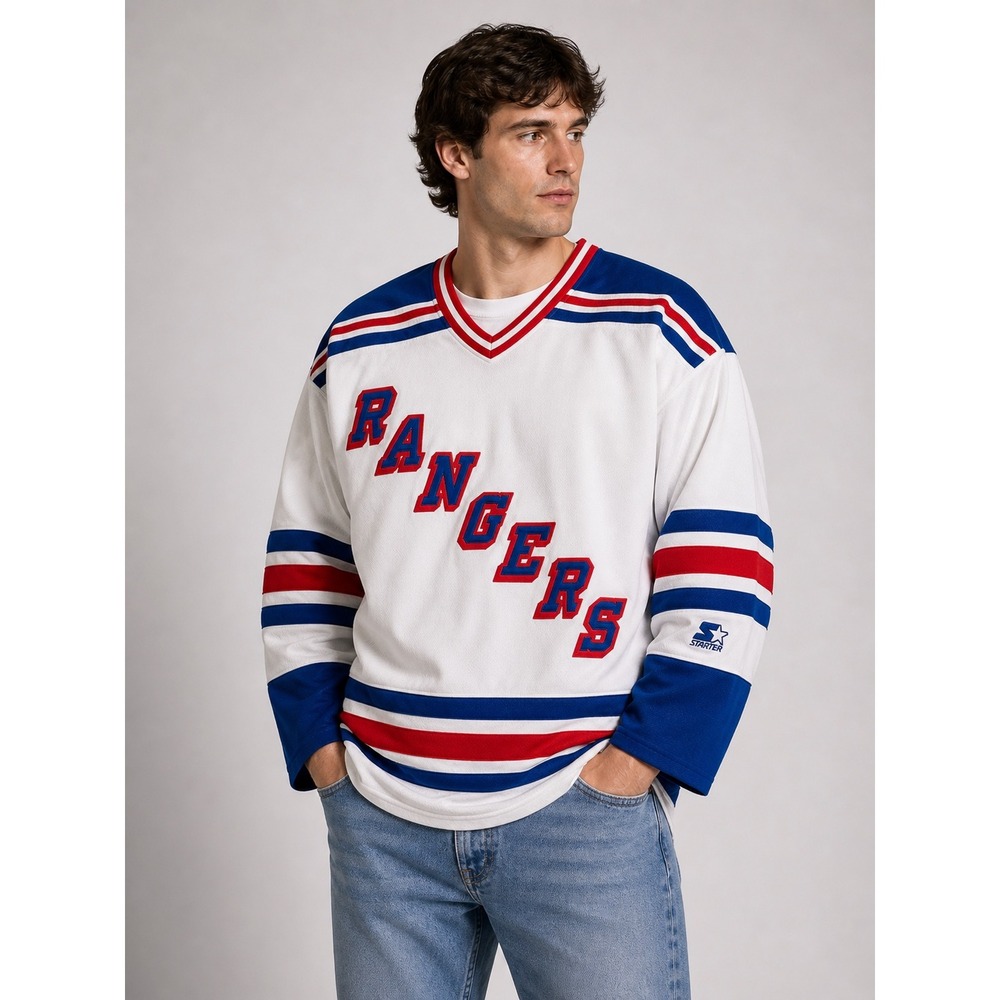 Vintage Starter New York Rangers NHL Hockey Jersey White Blue Red Mens‎ Large